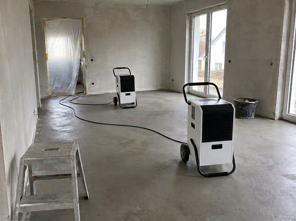 Zwei Bautrockner im Einsatz in einem Rohbau mit frischem Estrich